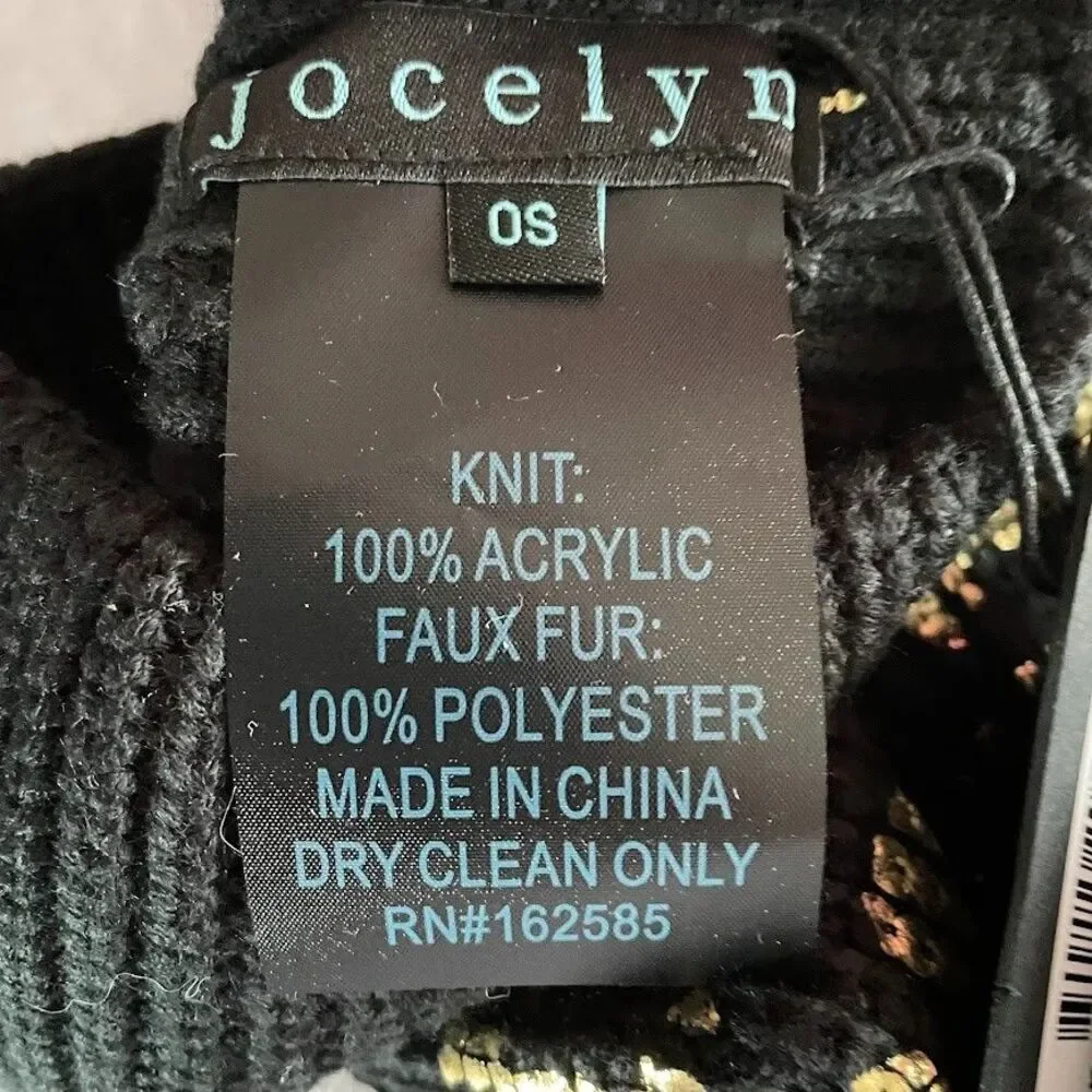 Jocelyn Foil Leopard Beanie Black Faux Fur Pompom Gold Print Toboggan $95 NEW!